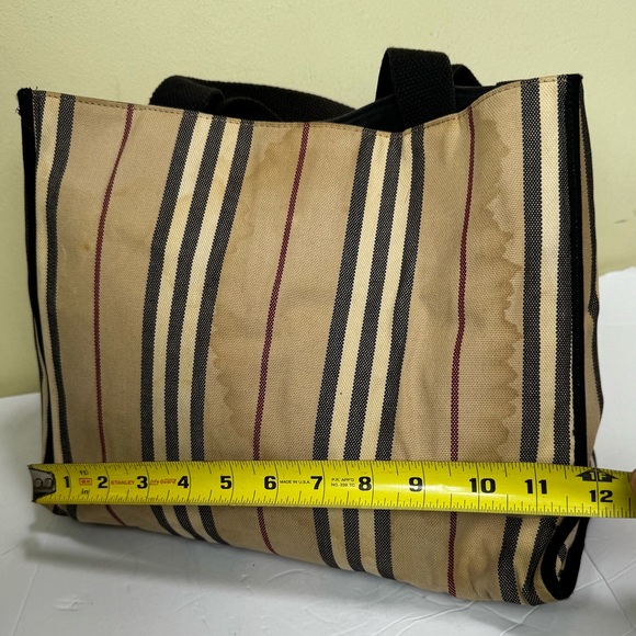 Burberry Vintage Striped Canvas Toto Bag Satchel Handbag Nova Check Cotton Tan - Picture 14 of 16
